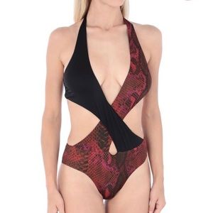 Roberto Cavalli red snakeskin print one piece halter neck swimsuit size XS